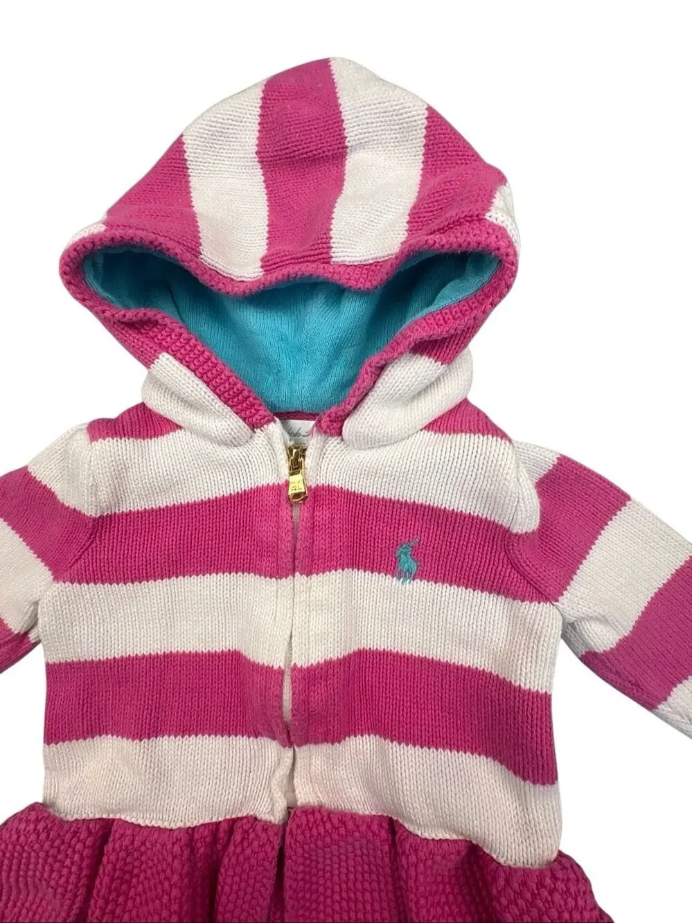 Ralph Lauren Baby Girls 6M Pink White Striped Hooded Zip Sweater Ruffle Hem